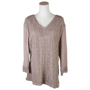 Shannon Ford 2X Taupe Lace Knit Tunic Top Boho Romantic Textured Blouse